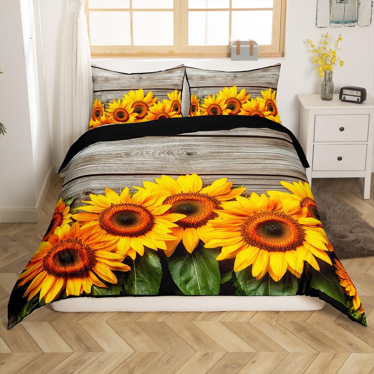 Feelyou Sunflower Duvet Cover Botanical Floral Printed Bedding Set for Kids Women Adults Yellow Blossom Comforter Cover Wooden Scenes Bedspread Cover Bedroom Collection 3Pcs King Size
