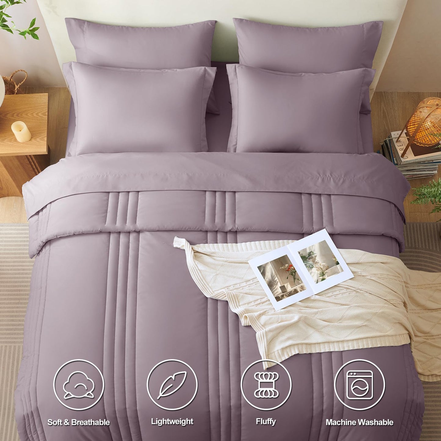 CozyLux King Size Comforter Set Dusty Purple - 7 Pieces Bed in a Bag, Modern Vertical Quilted Room Decor, Soft All-Season Bedding Gift with Comforter, Sheets, Pillowcases & Shams