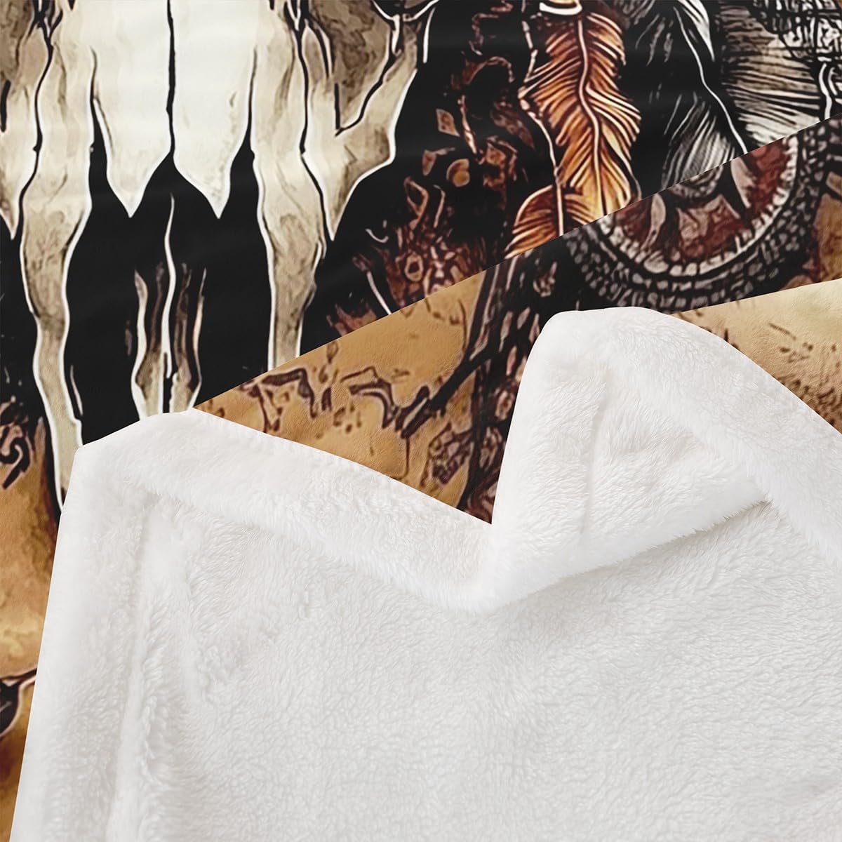 Cow Skull Fleece Blanket Gothic Sherpa Blanket 90"x90", Ethnic Tribal Southwestern Western Exotic Native American Fuzzy Plush Throw