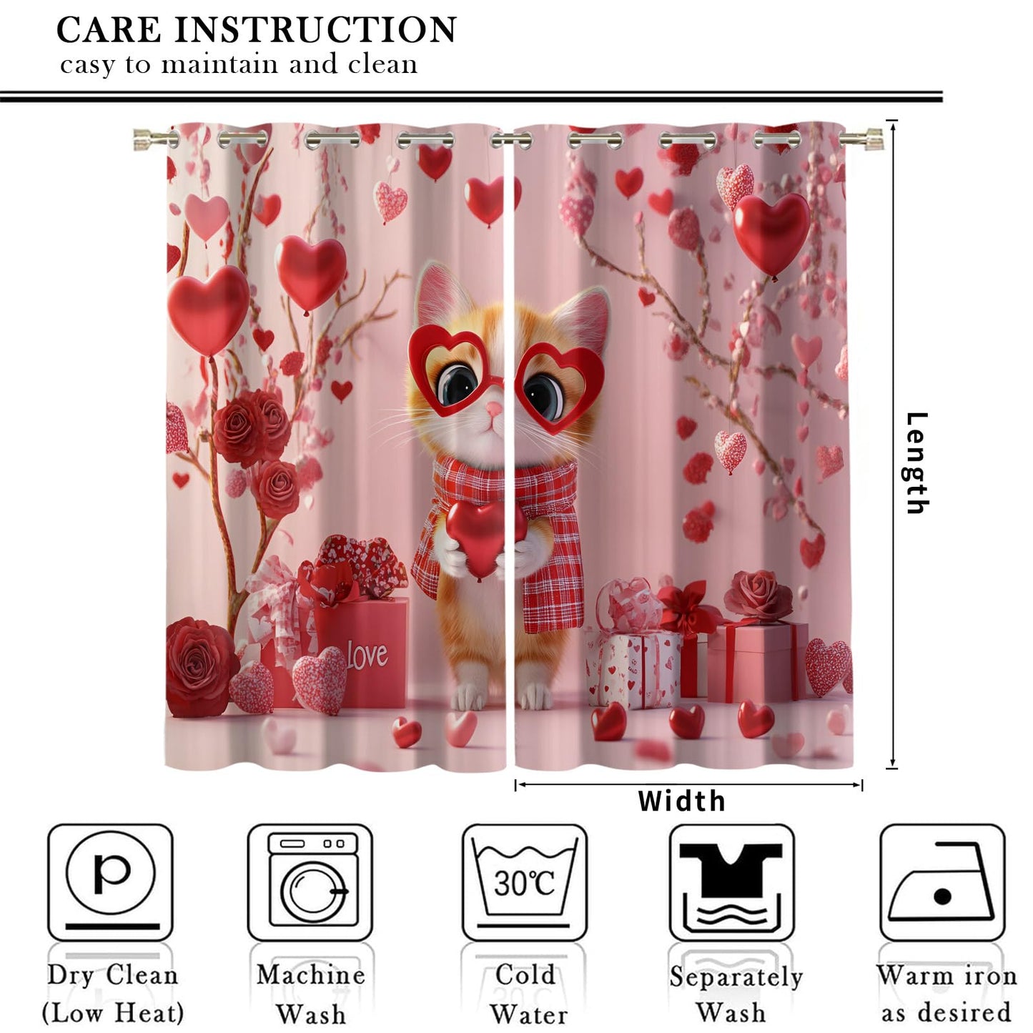 YXQAIED Cat Curtains for Bedroom, Heart-Shaped Rose Blackout Curtains 84 inch Long, Romantic Cartoon Curtain & Home Decor, 3D Printed Room Divider Drape, 2 Panels