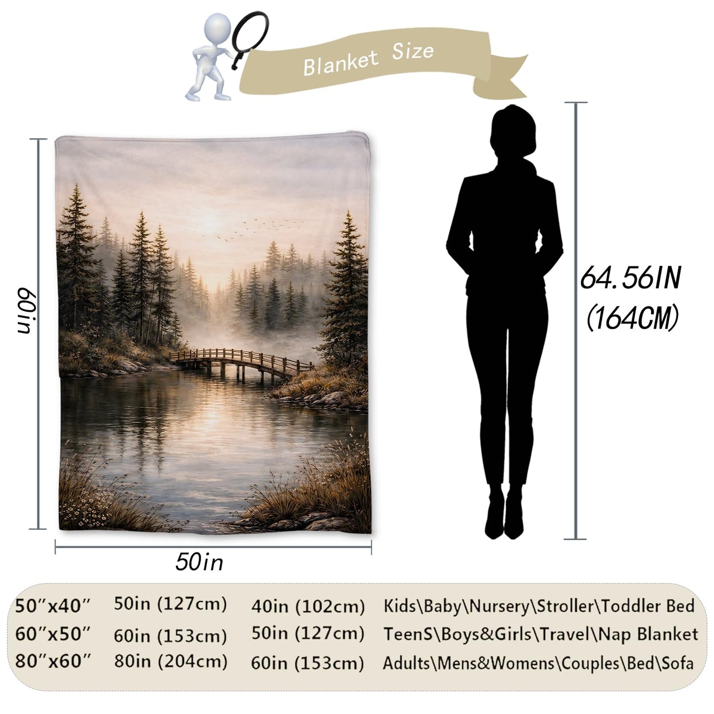 Ti Caldi Forest Landscape Blanket Gifts, Rustic Wooden Bridge Lake Flannel Nature Throw Blanket for Couch, Bed, Travel & Decor, Cozy Lightweight Warm Blankets for Adults Women Teens 60×50 in