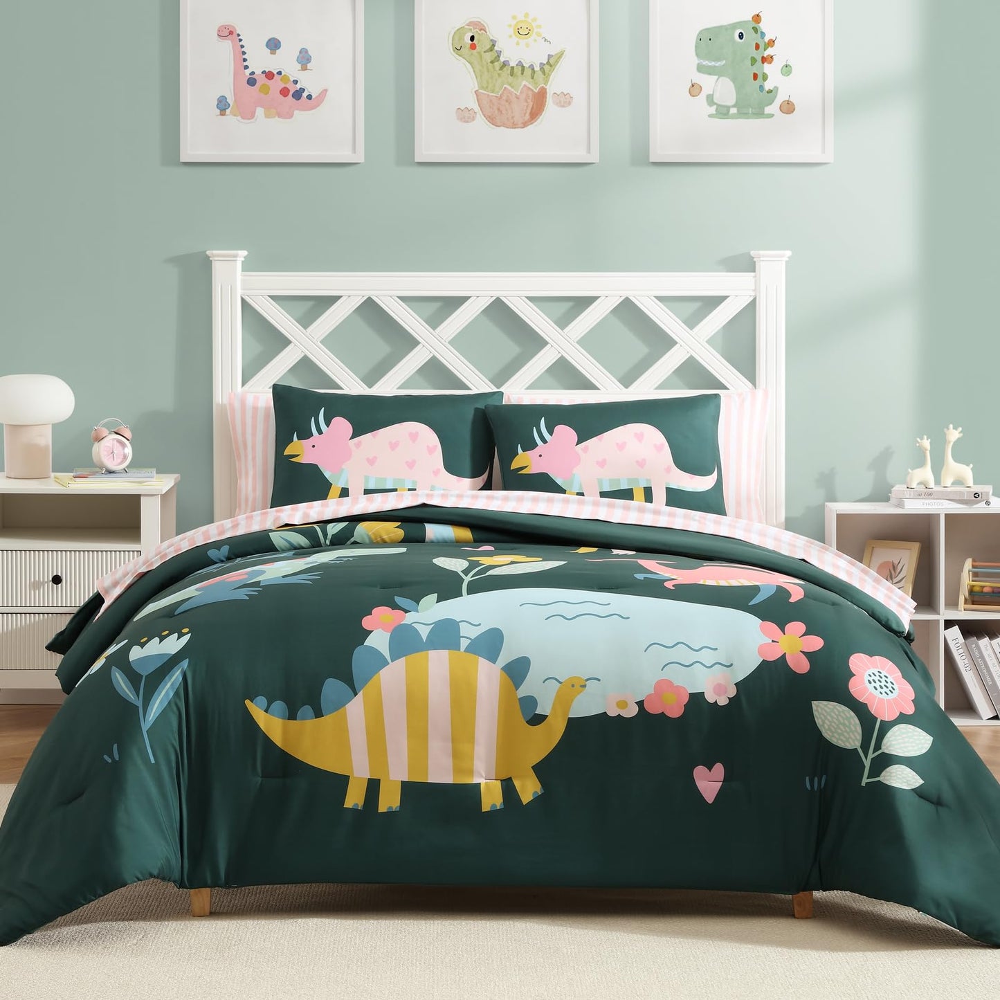 AMBERSPACE Twin XL Comforter Set for Girls, Dinosaur Kids Bedding Set with Cute Floral, All Season Boys Teen Bed in a Bag Dorm 5 Pieces with Sheets, Pillowcase & Sham
