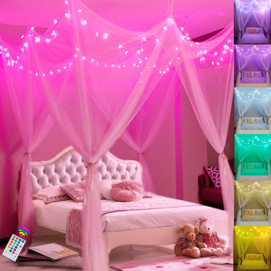 Obrecis White Bed Canopy with Star Lights for Girls, 8 Corner Post Princess Canopy Bed Curtains with 100 LED Star Lights String Color Changing for Bedroom Decor Twin Full Queen King Bed