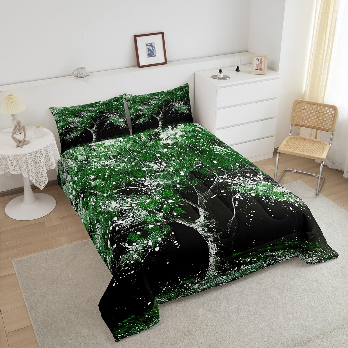 Manfei Green Tree Comforter Set for Kids,Abstract Nature Grass Bedding Set Teens Boys Room Decor,Tree Painting Print Comforter with 1 Pillowcase for All Seasons,Twin