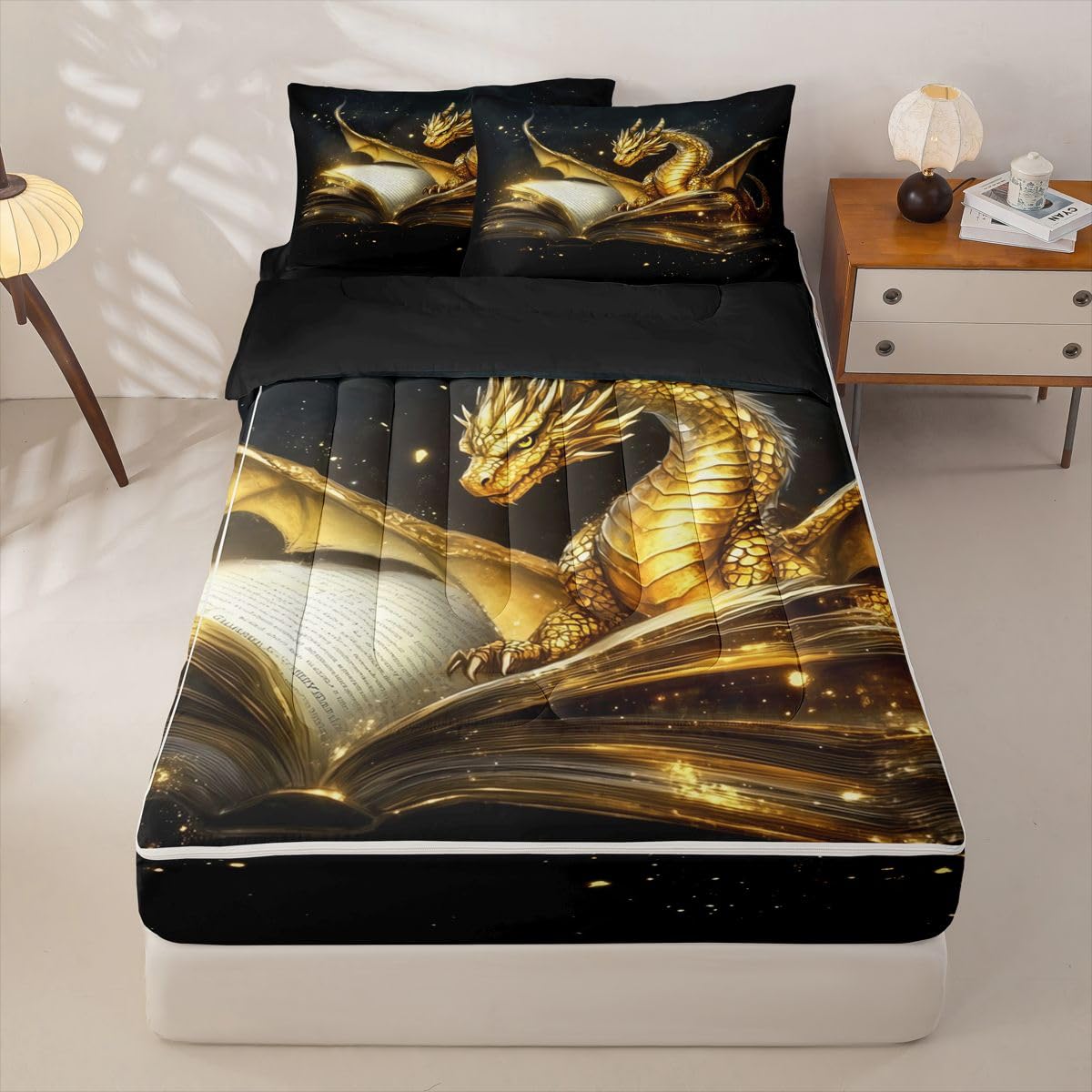 jejeloiu Gold Dragon Zipper Bedding for Kids Twin Size Ancient Wildlife Bed in a Bag with Sheets, Comforter, Pillowcases Flying Dragon Comforter Set for Boys Girls Fantasy Animal Beddingh Sets Durable