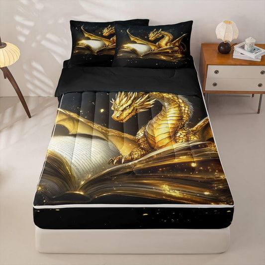 jejeloiu Gold Dragon Zipper Bedding for Kids Twin Size Ancient Wildlife Bed in a Bag with Sheets, Comforter, Pillowcases Flying Dragon Comforter Set for Boys Girls Fantasy Animal Beddingh Sets Durable
