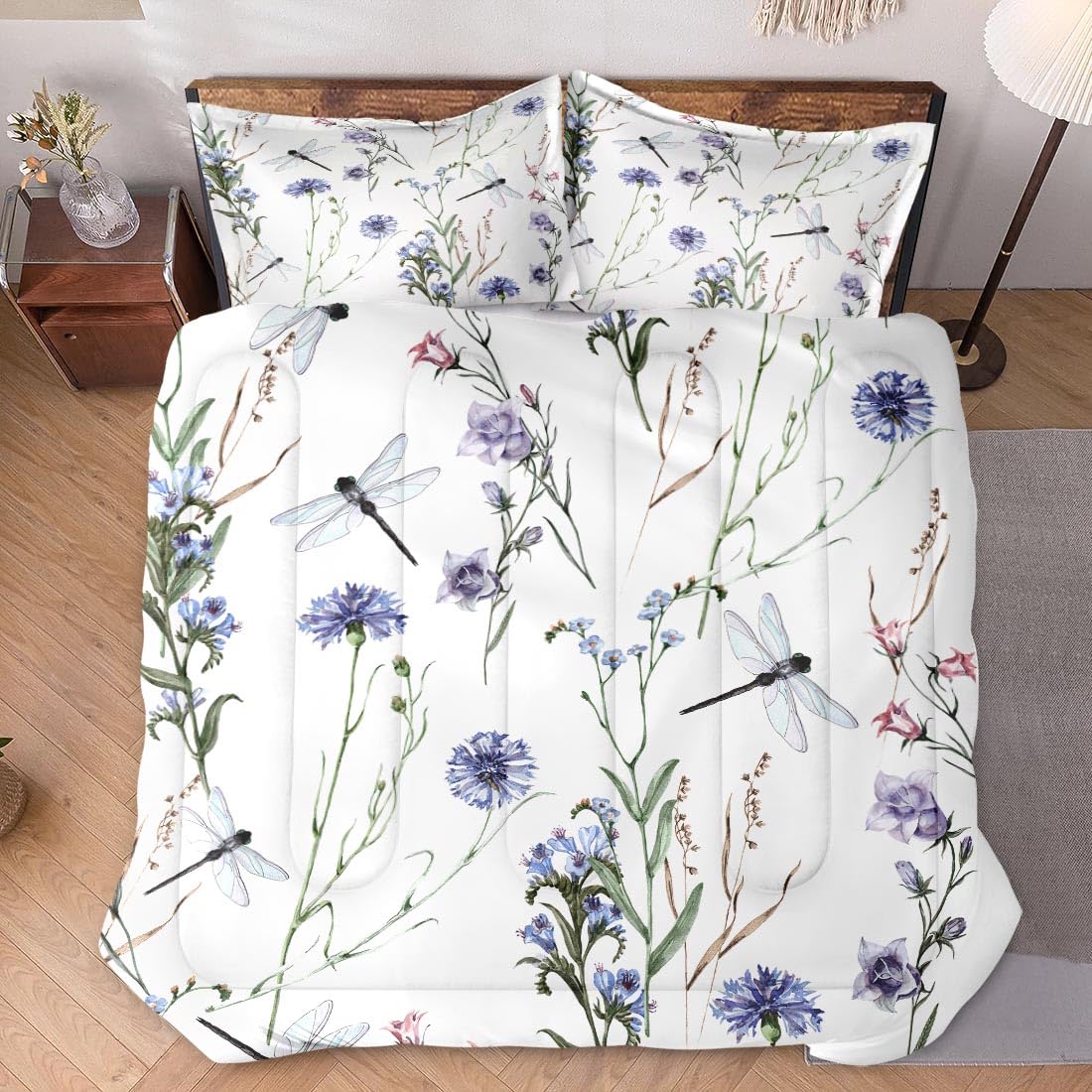 WeCozy Queen Size Comforter Set with 2 Pillowcases, Wildflower Botanical Herb Plant Leaf Floral Flower Painting Dragonfly Soft 3 Pcs Bedding for Kids and Adults Bedroom Bed Decor