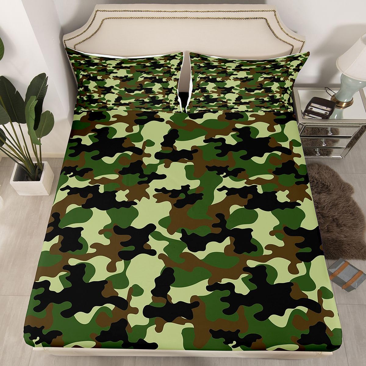 Feelyou Camo Bed Sheets Set Kids Bedding Queen Size Includes 1 Fitted Sheets & 2 Pillowcases (No Flat Sheet)