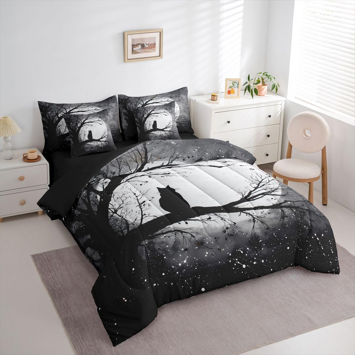 Erosebridal Halloween Black Cat 7-Piece Bedding Set Full Size Gothic Midnight Black Cat Bed in a Bag Midnight Full Moon Comforter Set with Sheets Tree Branches Duvet Insert