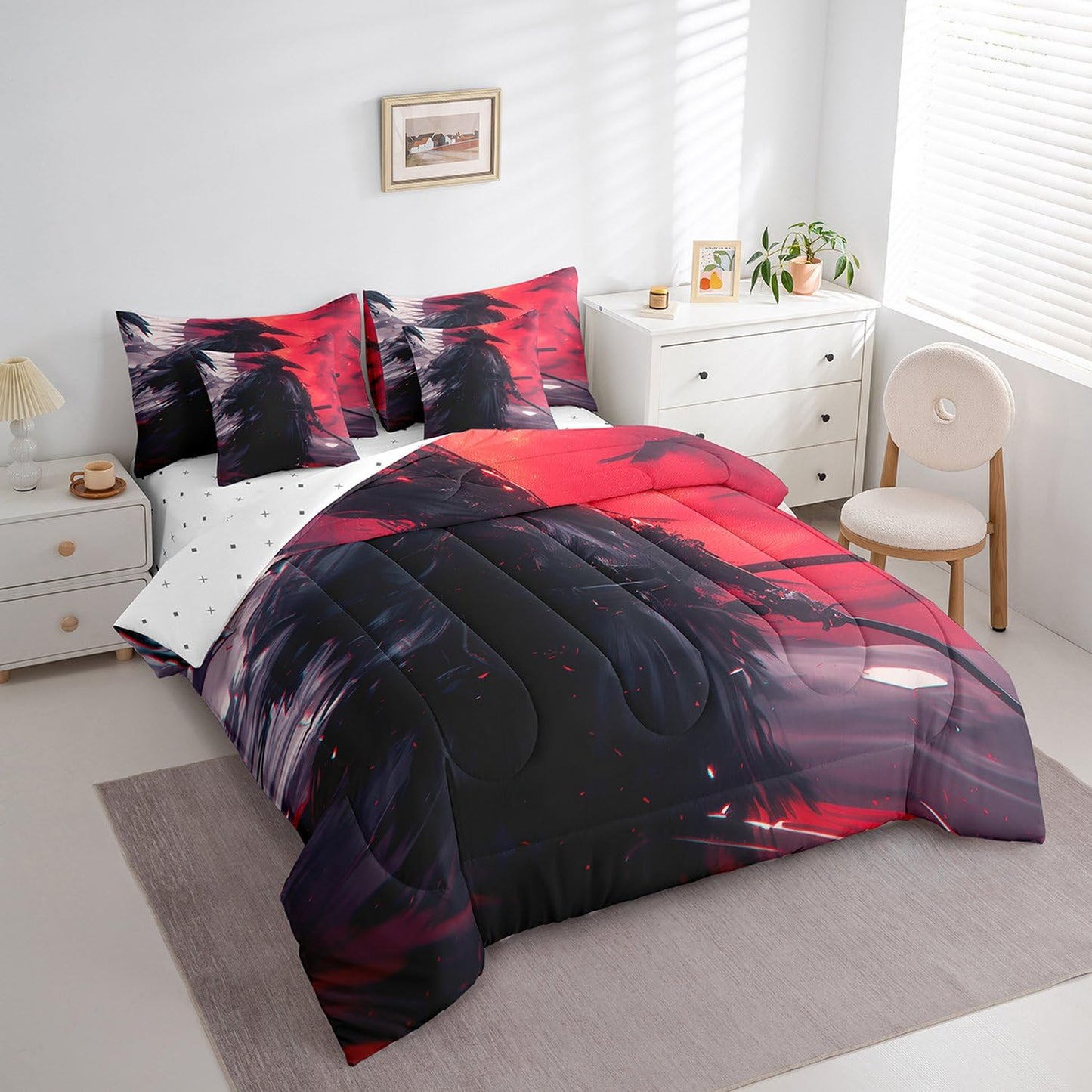 7 Pieces Twin Size Japan Ukiyo-e Samurai Comforter Set,Japanese Samurai Sword Bedding Set for Boys Men,Moon Crow Jungle Bird Animal (Comforter+Fitted+Flat Sheet+2 Pillowcases+2 Throw Pillow Covers)