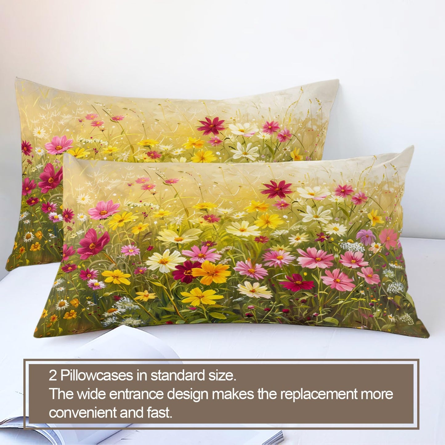 QINYUN Floral Comforter Set Oversized King, Vibrant Floral Bedding Set 3 Piece, Spring Wildflower Duvet Cover with Zipper & Ties, 2 Pillowcases