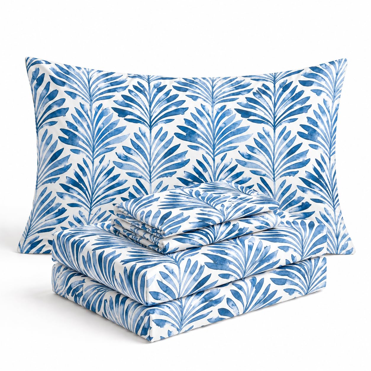 Where The Polka Dots Roam Blue Indigo Palms Floral Bedsheet Queen Size, Super Soft Wrinkle Resistant Tropical Leaves Pattern Bedding Set, Vibrant Solid Print All-Season Bed Sheets for Girls, Teens