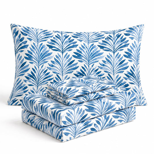 Where The Polka Dots Roam Blue Indigo Palms Floral Bedsheet Queen Size, Super Soft Wrinkle Resistant Tropical Leaves Pattern Bedding Set, Vibrant Solid Print All-Season Bed Sheets for Girls, Teens