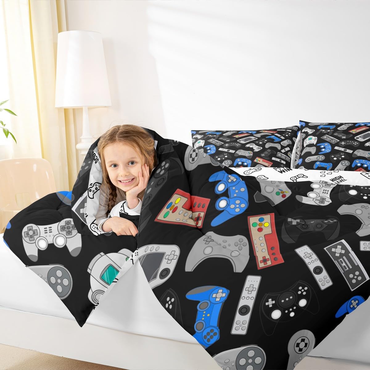 Erosebridal Teens Gamepad Bedding Set, Modern Gamer Down Comforter Full Size for Kids Boys Children Youth, Video Game Comforter Set Player Gaming Joystick Duvet Insert for Bedroom, Black Blue