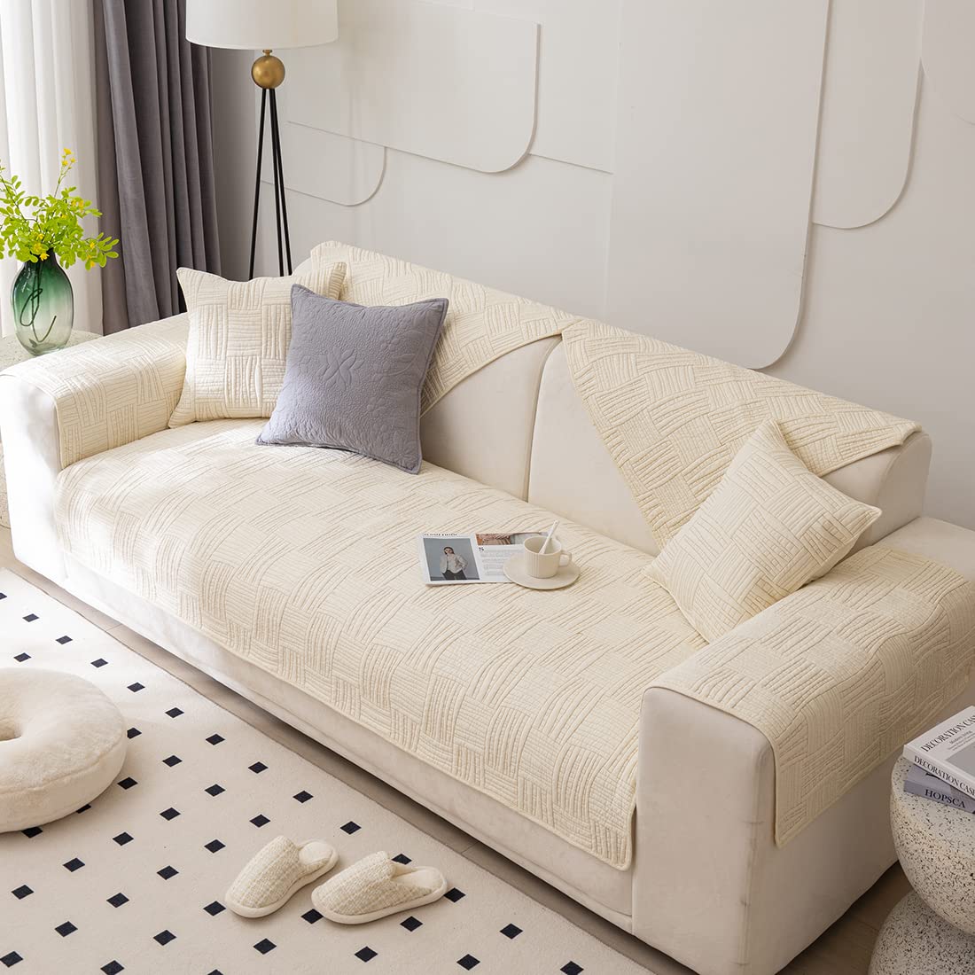 XSlive Farmhouse Couch Cover Solid Color Neutral Sofa Cover Soft Cotton Quilted Sectional Couch Covers Non Slip Washable Sofa Slipcover Furniture Protector for Living Room (Ivory B,28"x28")