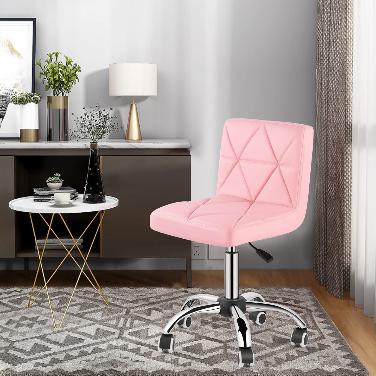 COSVALVE Armless Desk Chair, Mid Back Swivel Office Chair, Adjustable Task Chair with Rolling Wheels and Diamond Pattern, for Home Computer Barber, Pink