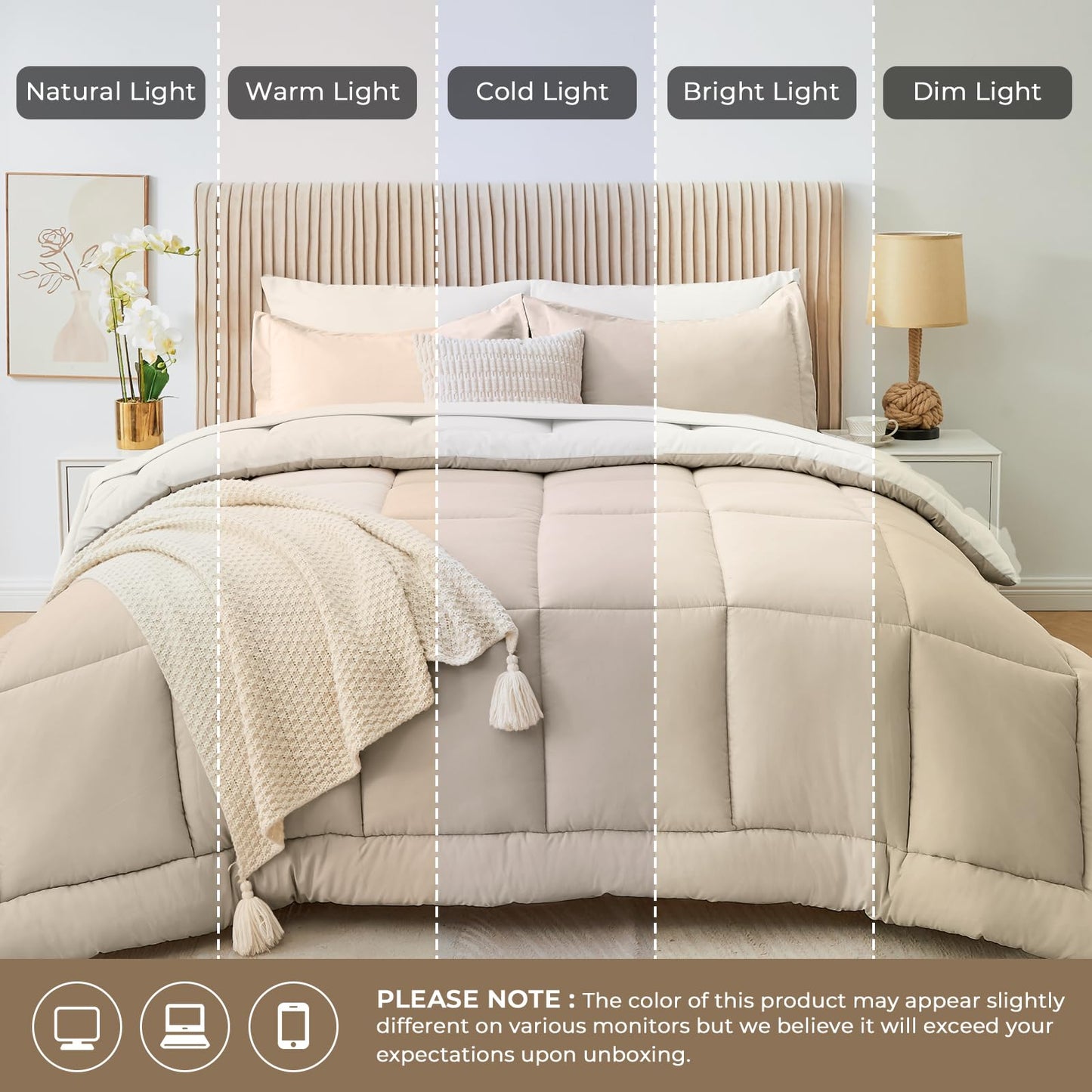 Sasttie Queen Comforter Set, 7 Pieces Reversible Bed in a Bag Queen, Complete Bedding Set Includes Comforter, Flat Sheet, Fitted Sheet, Pillowcases and Pillow Shams, Beige & Ivory
