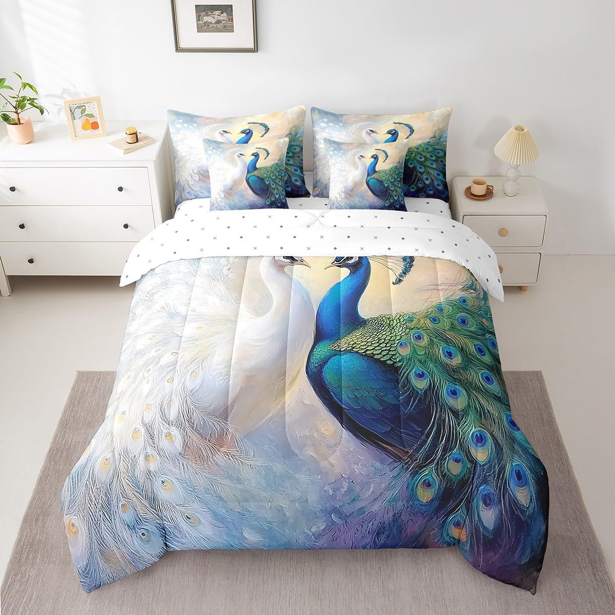 Erosebridal Peacock Couple Bedding Set for Kids Teens,Couple Lover Comforter Set King Size,Elegant Birds (Comforter+Fitted+Flat Sheet+2 Pillowcases+2 Throw Pillow Covers) 7 Pieces Bed Set