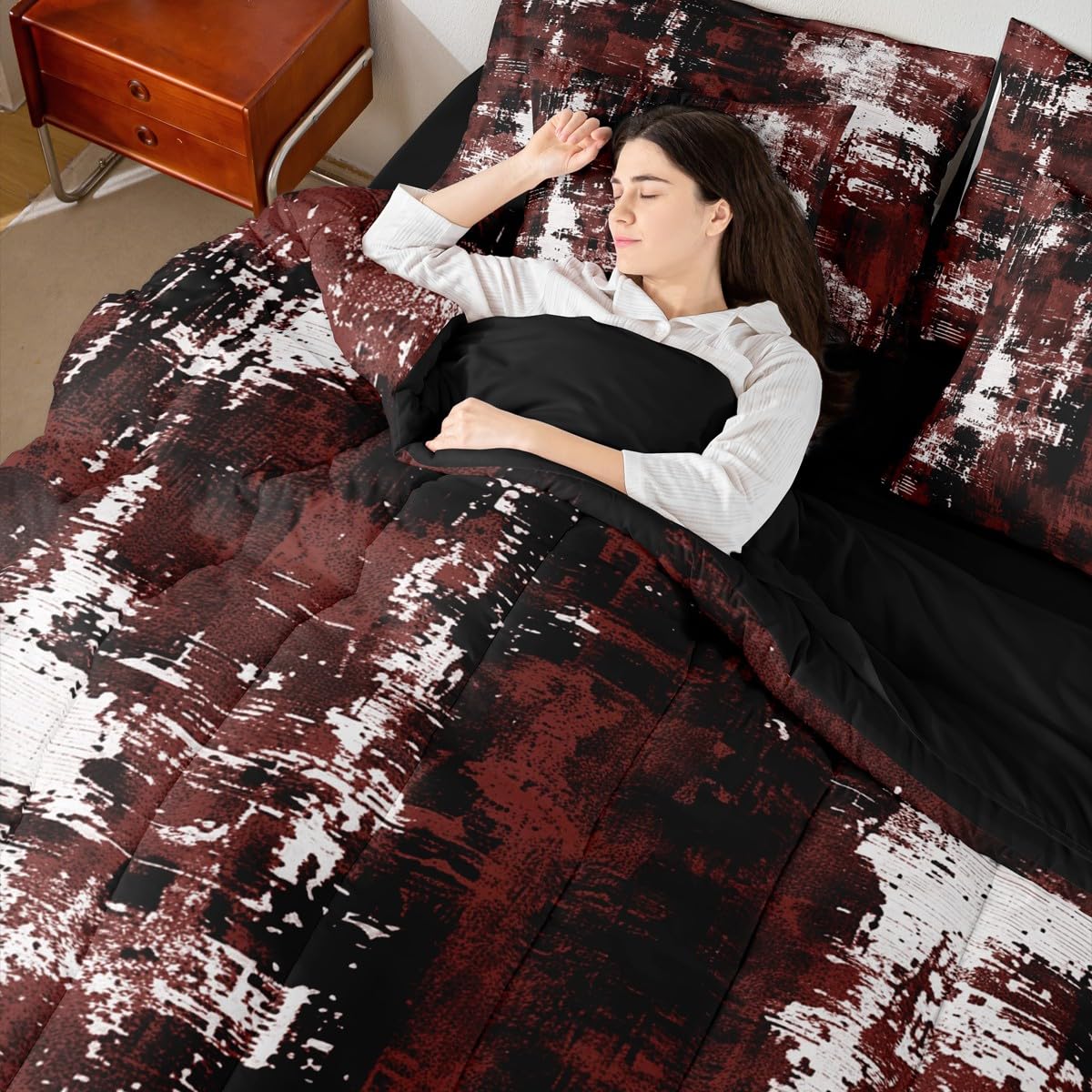 Feelyou Abstract Comforter Set with Sheets 7 Piece Queen Size Modern Abstract Art Bed in a Bag Kids Boys Girls Black Wine Bedding Set Luxury Bedroom Decor Geometric Breathable Soft Microfiber