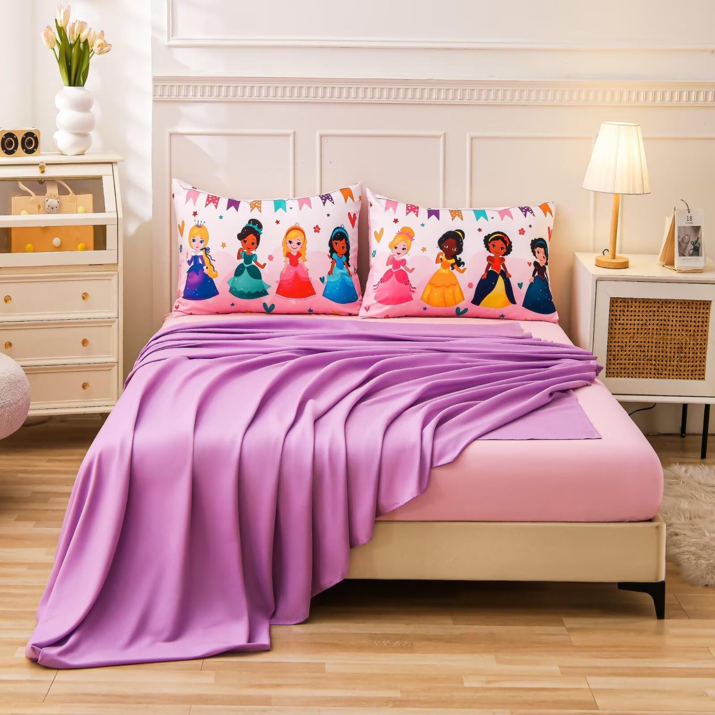 GRAT TIOC 6 Pieces Pink Princess Comforter Set for Girls Twin,Bed in A Bag Princess Bedding Set for Girl Kids (1 Comforter,1 Flat Sheet,1 Fitted Sheet,2 Pillowcases and 1 Cushion Cover)
