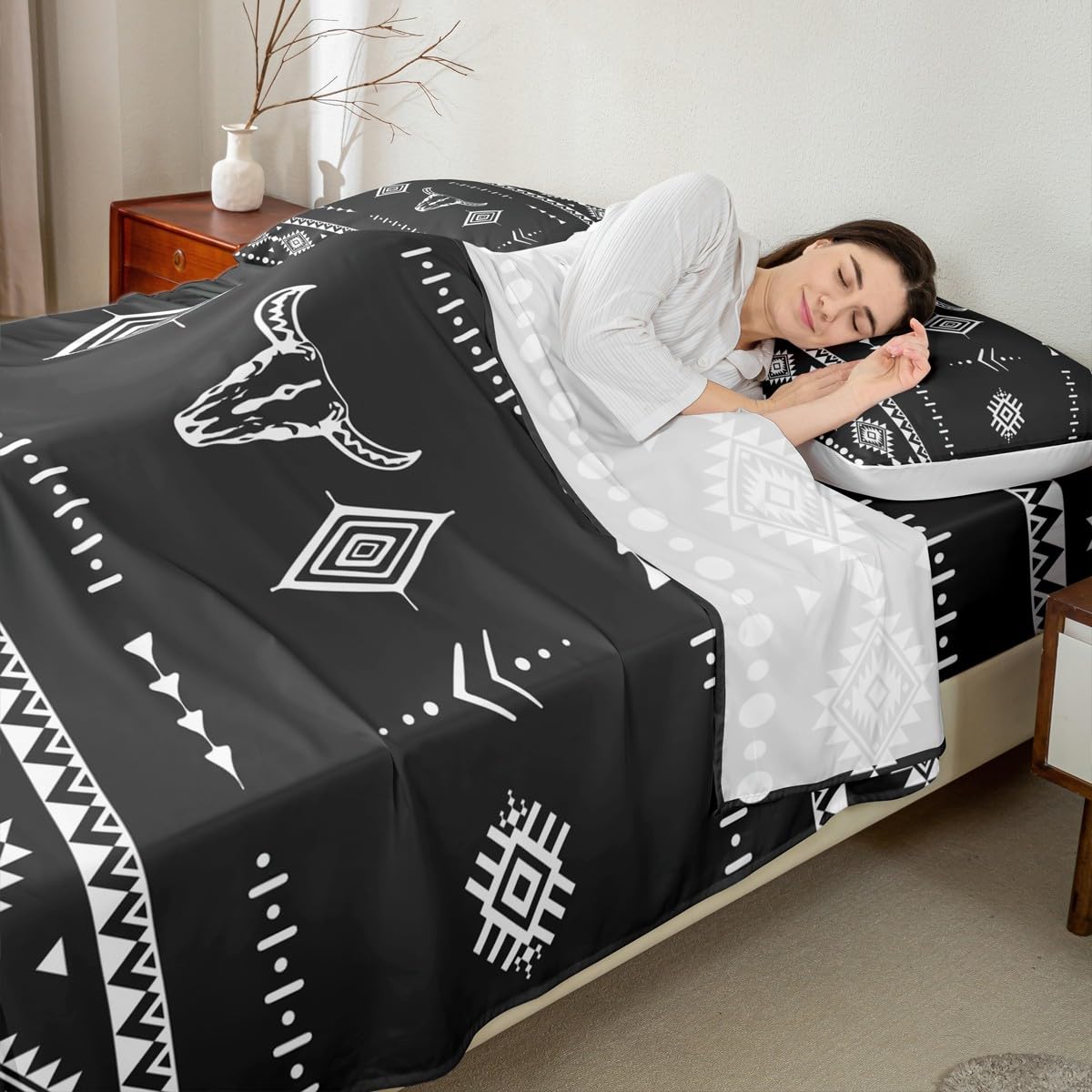 Erosebridal Western Cowboy Bed Sheets Set Full Size, Bull Skull Flat Fitted Sheet for Boys Girls Women Men Room, Boho Aztec Ethnic Horns Bedding Set, Southwestern Native Bed Sets