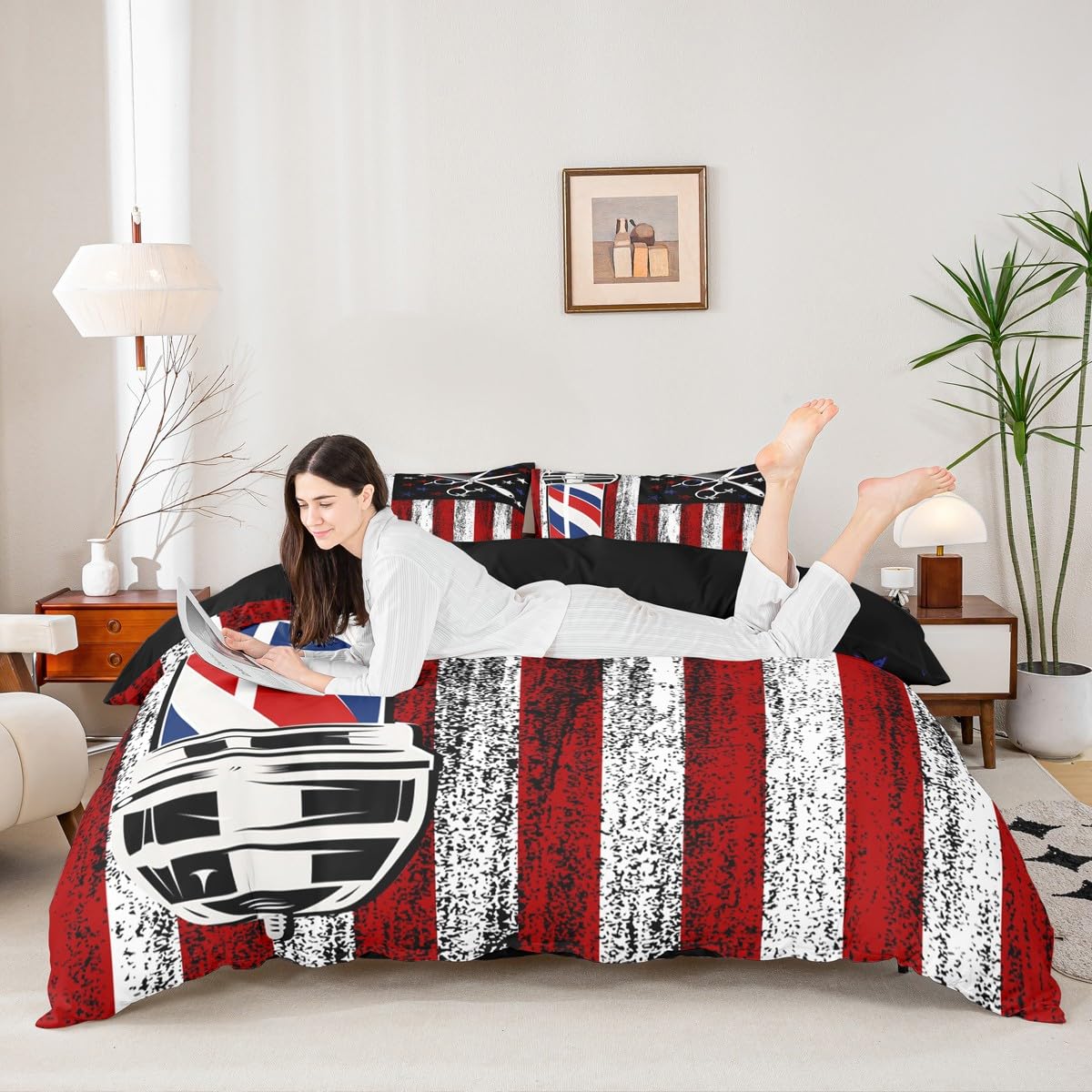 American Flag Duvet Cover Set Full Size,Retro Rustic Stars Stripes USA Flag Comforter Cover with 2 Pillowcases,Barber Haircut Themed Neon Light Breathable Bedspread for Boys Teens,Pillow Sham
