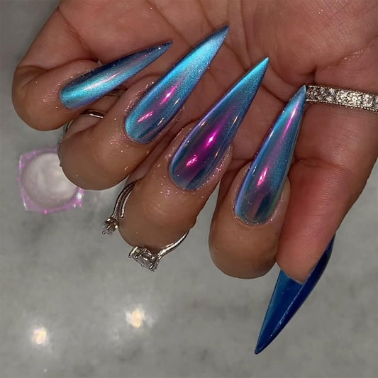 SINHOT Stiletto Press on Nails Long - Long Fake Nails, Glossy Finish, Blue Cat Eye & Chrome, DIY Artificial False Nail Art - 24 Pcs Nail Kit with Glue