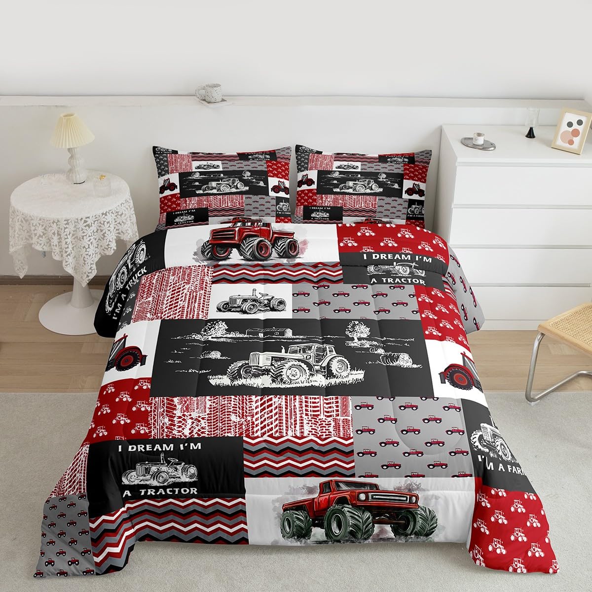 Erosebridal Red Tractor Bedding Set for Boys King,Construction Tractor Comforter Set Kids Teens Equipment Trucks Down Comforter Black White Construction Vehicle Quilt Set Bedroom Decor