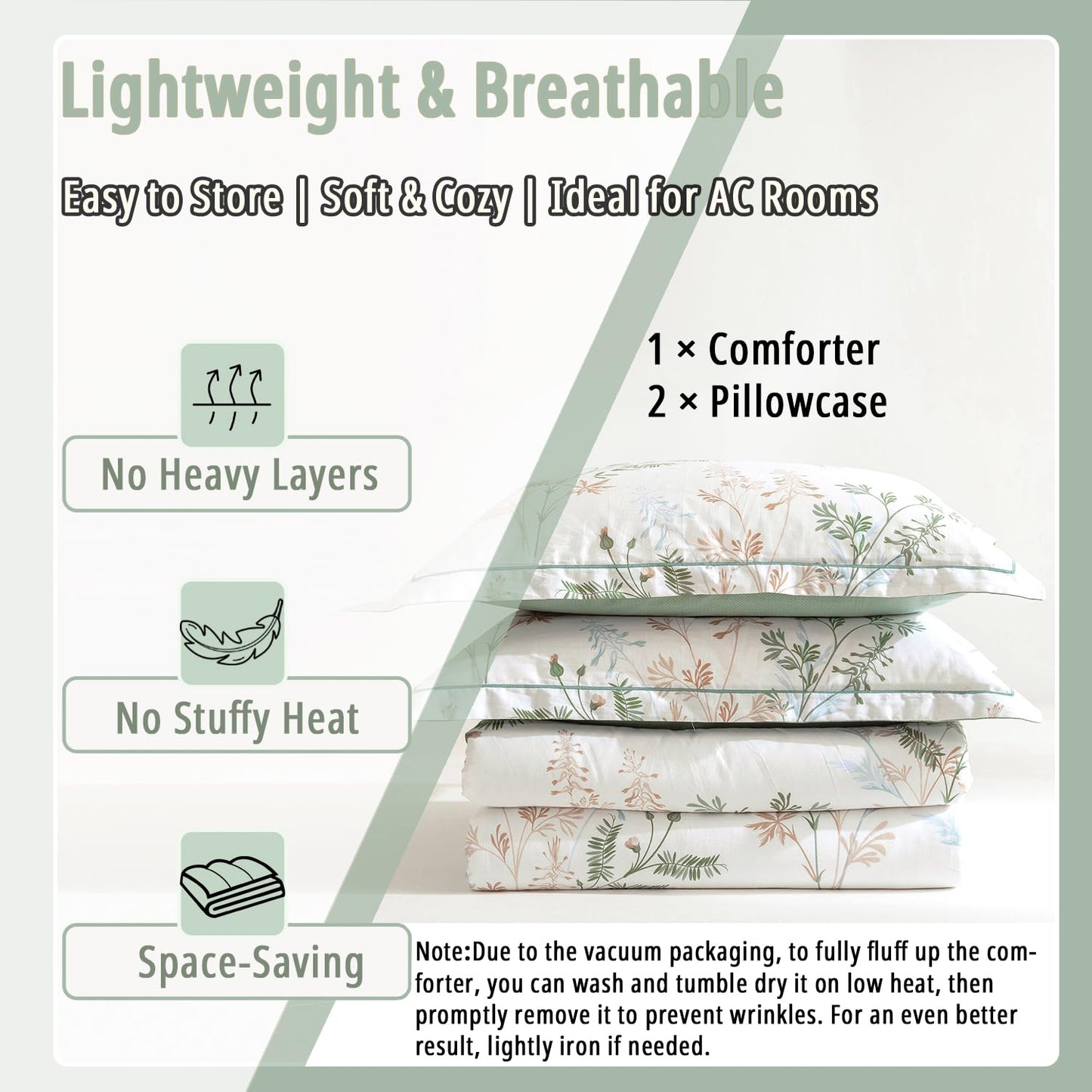 ALEISSEL Natural Cotton 3pcs Botanical Comforter Sets King Size-Green Comforter with Luxurious Tan & Gray Leaves on White, Reversible Lightweight Floral Bedding Sets(King 104"×90")