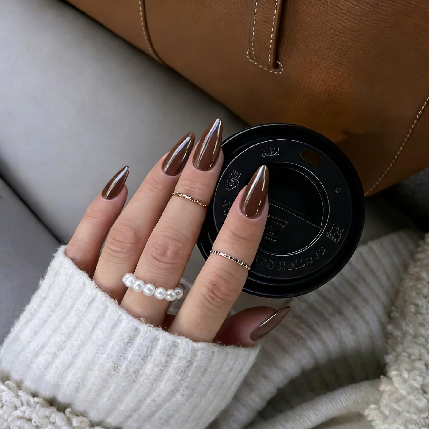 Chrome Brown Press on Nails Almond Medium, KQueenest Glazed Stiletto Fake Nails Press ons With Mirror Effect, Glitter Glue on Nails Medium Bling Acrylic Nails False Nails for Women Decoration