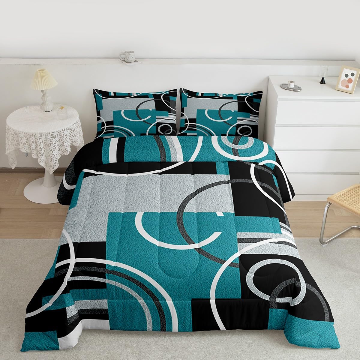 Erosebridal Modern Turquoise Decor Comforter Queen Geometric Circles Gird Bedding Set For Boys Girls Kids Teens Adult Black Grey Down Stripe Swirls Duvet Graphic Texture Quilted (GHS2936XXY-BZ_USq)
