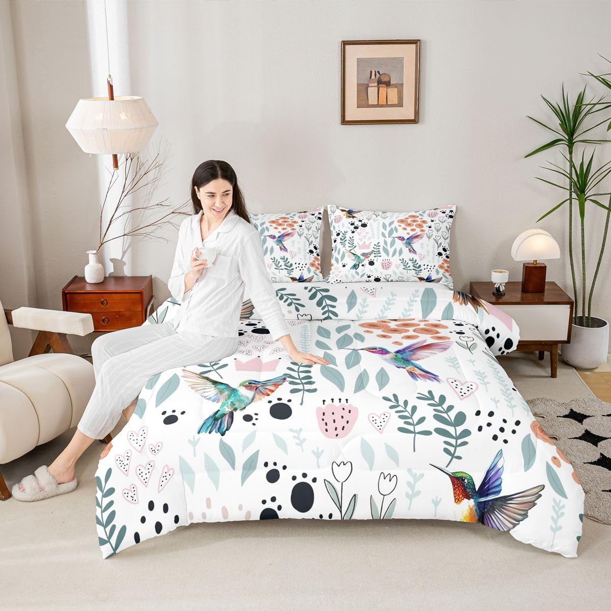 Erosebridal Hummingbird Bedding Set,Cartoon Hummingbird Comforter Set Twin,Cute Love Heart Leaf Flower Comforter Set for Kids Girls Boys,Paw Print Animals Quilt Duvet Insert with 1 Pillow Case