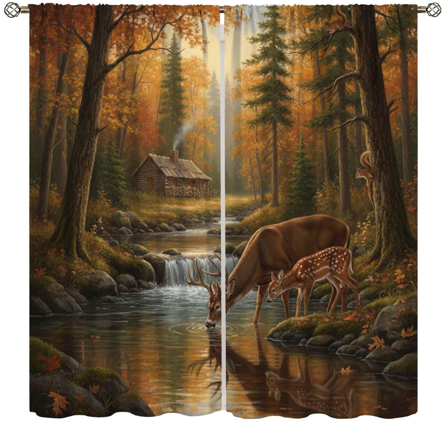 PHTAYOT Rustic Cabin Deer Curtains Farmhouse Country Farm Forest Wildlife Deer Pattern Decor Window Drapes for Bedroom Living Room,2 Panels Set,42x45 Inch