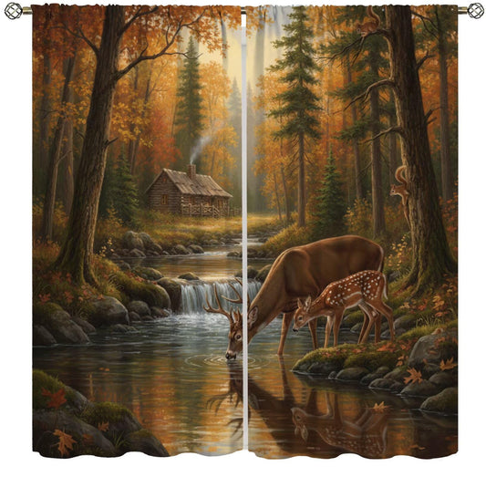 PHTAYOT Rustic Cabin Deer Curtains Farmhouse Country Farm Forest Wildlife Deer Pattern Decor Window Drapes for Bedroom Living Room,2 Panels Set,42x45 Inch