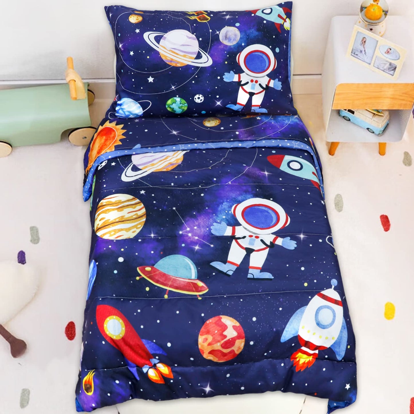 SWESEN Toddler Bedding Set for Boys, Blue Space Toddler Boy Bedding Set, Soft & Lightweight 4 Piece Toddler Comforter Sets Include Comforter, Flat Sheet, Fitted Sheet, Pillowcase