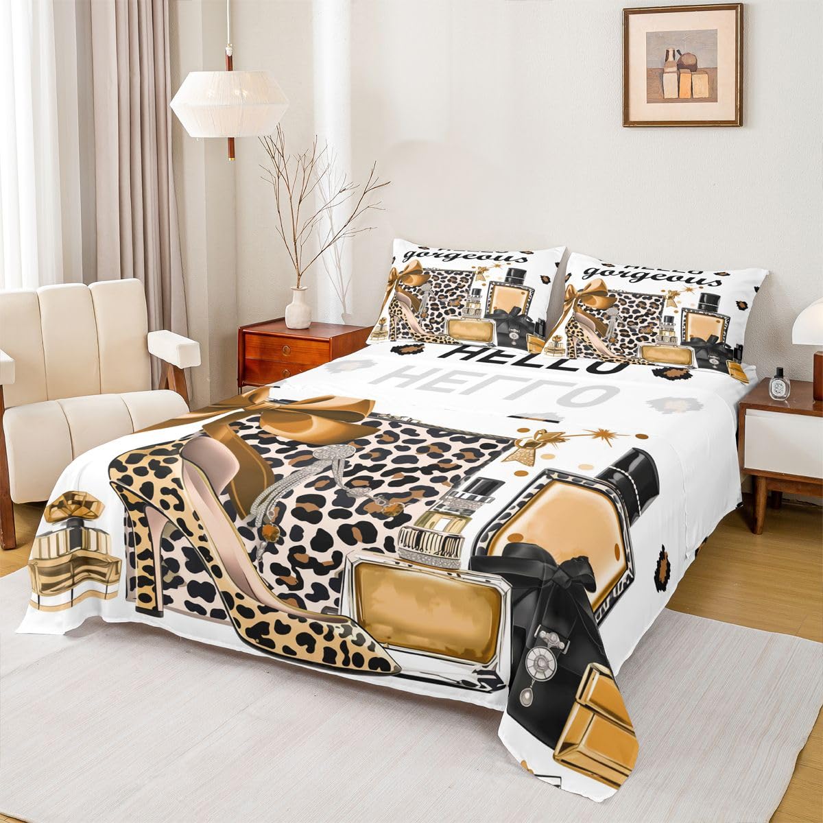 Erosebridal Brown Leopard Cheetah Print King Bed Sheets | Fashion Modern Luxury Sheets for Kids Girl Women Perfume High Heels Girly Flat Fitted Sheet Trendy Stylish Girls Bed Sets
