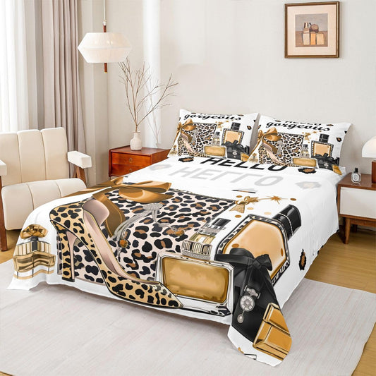 Erosebridal Brown Leopard Cheetah Print King Bed Sheets | Fashion Modern Luxury Sheets for Kids Girl Women Perfume High Heels Girly Flat Fitted Sheet Trendy Stylish Girls Bed Sets