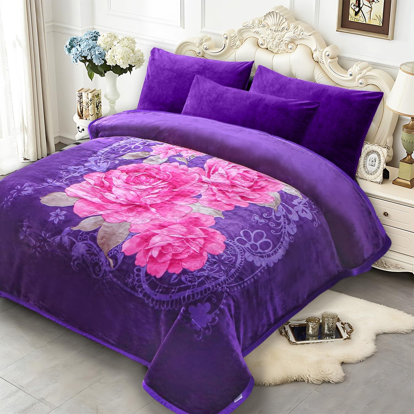 JYK Soft Korean Mink Blanket, 5 LB Fleece Queen 75'' x 87'' - 2 Ply Reversible 520GSM Super Soft Plush, Thick, Warm Bed Blanket for Autumn Winter - Purple, Rose/Camellia