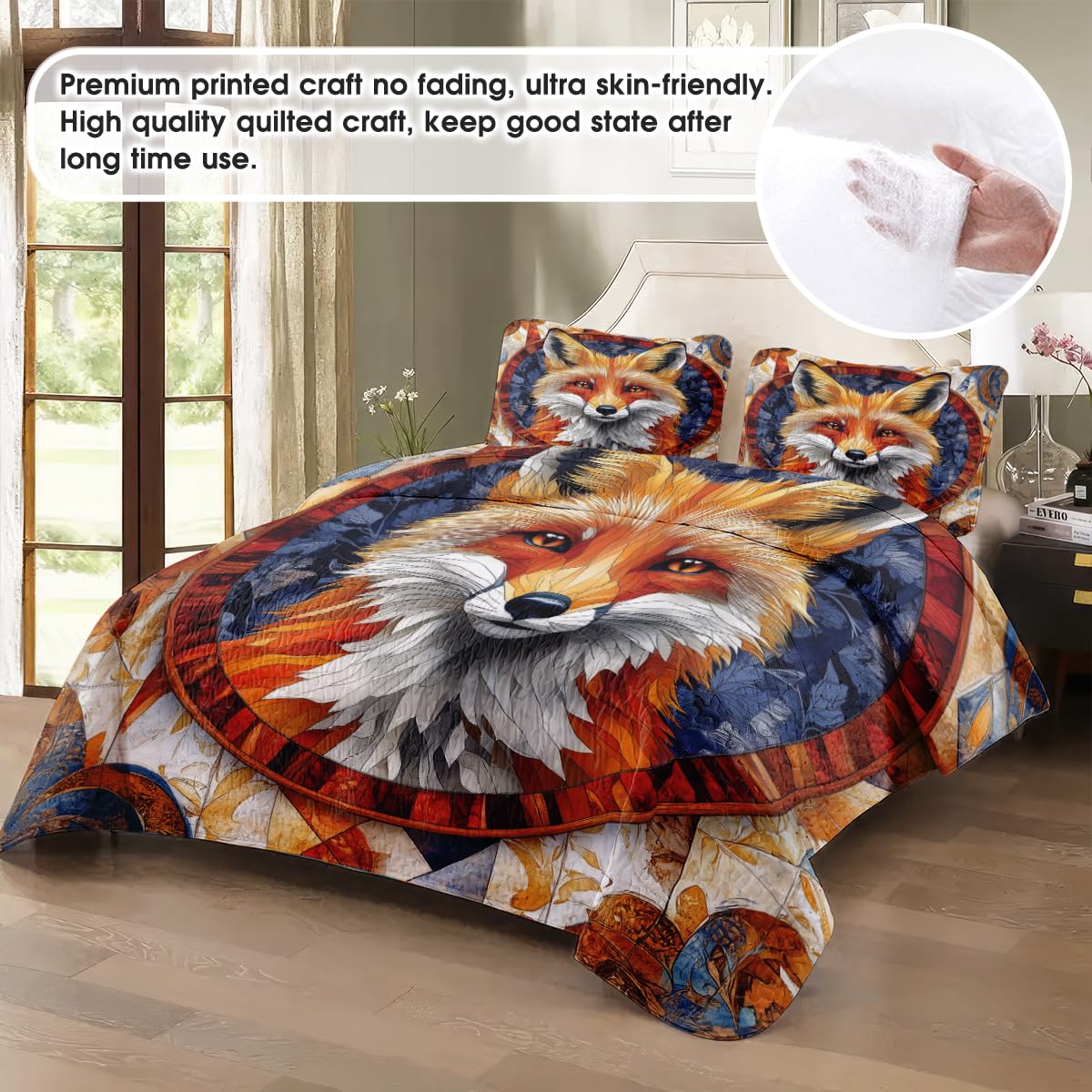Jeminise Fox Patchwork Pattern Quilt Set, Animal Quilt Set Patchwork Style, Premium Quilt Pattern Bedspread for Mom Daughter, Fox Bedding Quilt (Full/Throw/Queen/King/Twin Size)