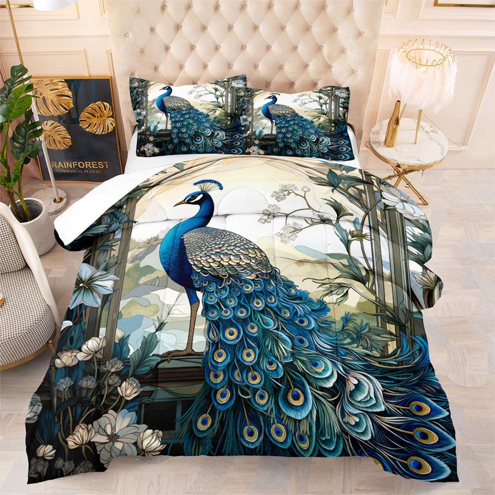 CCoutueChen Blue Peacock Comforter Set King Size Bird and Floral Bedding Set Animal Feather Bedding Sets Victorian Style Flower Birds Comforters Soft Down Alternative Comforter Sets for All Season