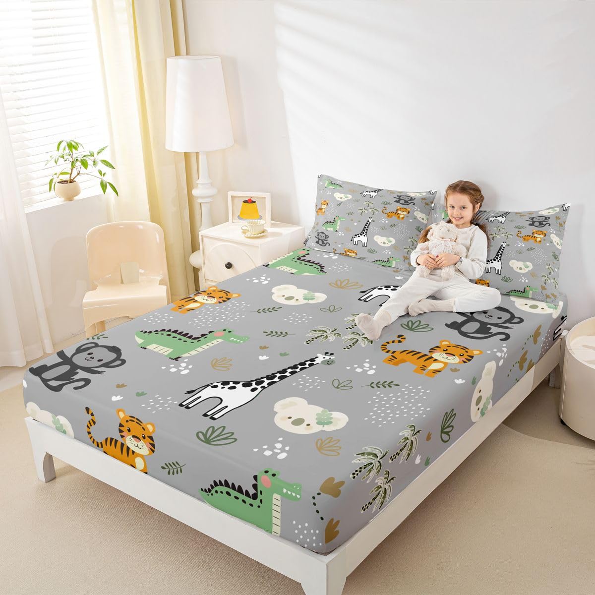 Erosebridal Jungle Animals Bed Sheets Full Cartoon Kawaii Sheet Set for Kids Boys Girls Hunting Safari Animals Sheets Monkey Giraffe Crocodile Tiger Flat Fitted Sheet 3 Pcs