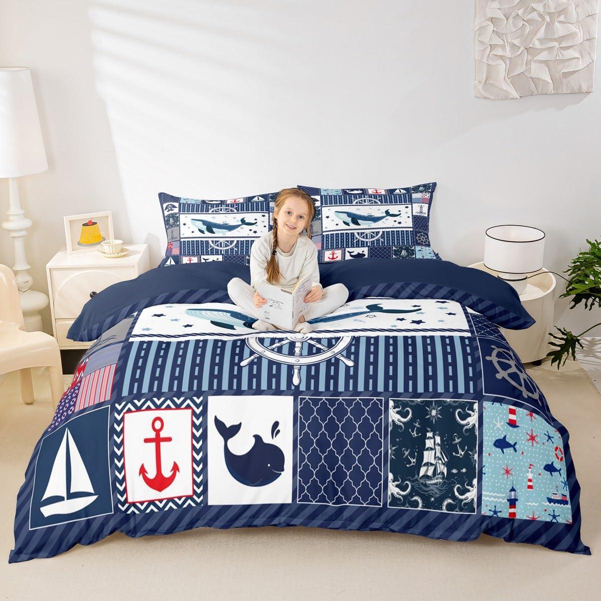 Homewish Sea Whale Duvet Cover Set Full Size,Nautical Anchor Ship Rudder Plaid Comforter Cover with 2 Pillowcases,Navy Blue Ocean Geometric Breathable Bedspread for Boys Teens,Pillow Sham