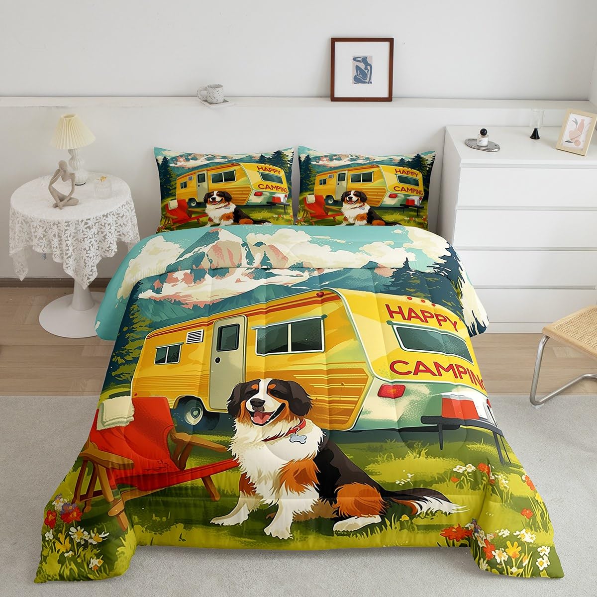 Erosebridal Camping Comforter Set for Kids Boys Girls Camper Rv Accessories Bedding Happy Camping Duvet Set Rustic Cabin Decor Comforter King with 2 Pillowcases