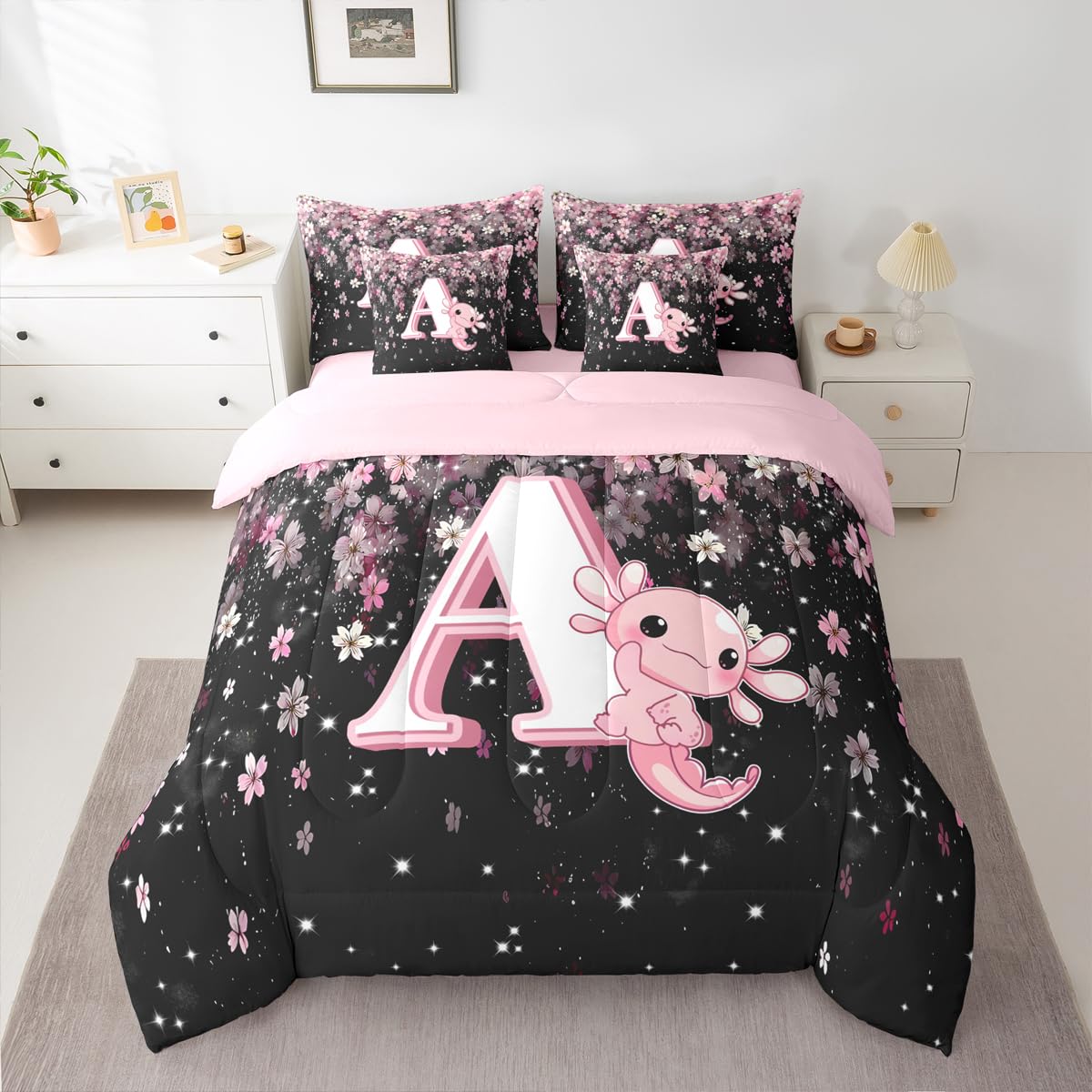Erosebridal Pink Axolotl Comforter Set for Teen Girl (Pink Black,7Pcs,Twin Size) - Cute Initial Letter A Bed in A Bag Cherry Blossom Bedding Set Girly Preppy Cute Axolotl Quilt with Initial Design