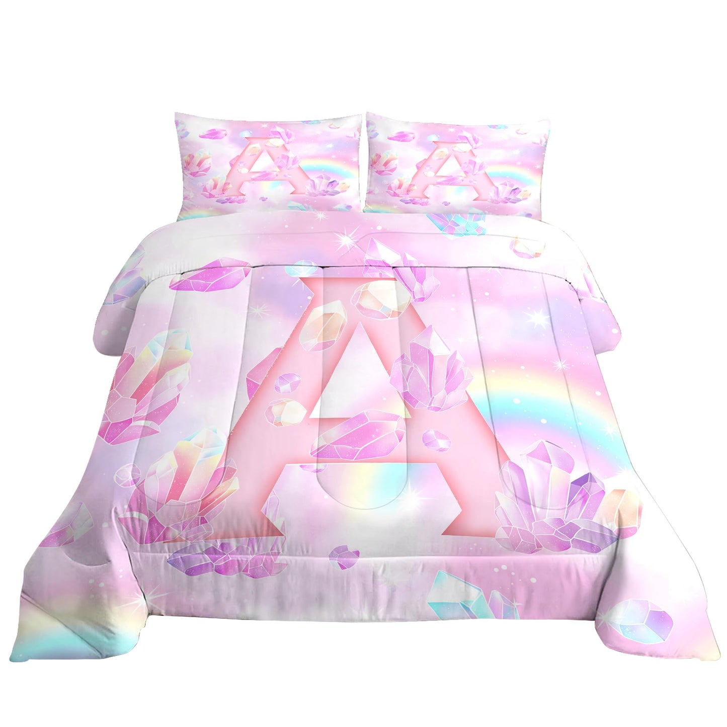 VTKON Pink Crystal Comforter Set for Kids Girls Queen Size 3 Piece Initial Letter A Bedding Set Glitter Rainbow Alphabet Bed Sets Sparkle Gemstone Bedroom Decor with 2 Pillow Cases