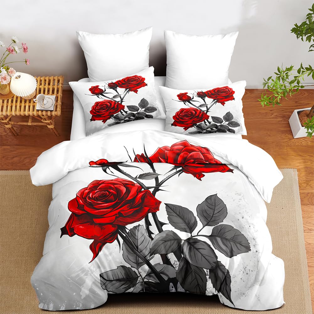 CCoutueChen Red Rose Comforter Set King Size 3 Pieces Romantic Roses Floral Bedding Set for Women Adult Stylish Aesthetic Bedding Soft Lightweight Comforter with 2 Pillowcases