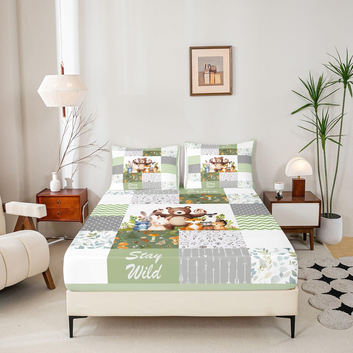 Cartoon Animals Kids Fitted Sheet Queen Size,Cute Bear Fox Deer Mushroom Bedding Set,Boys Girls Adults Room Decor,Geometric Plaids Stripes Bed Cover,Arrows Boho Bed Sheet,2 Pillowcases