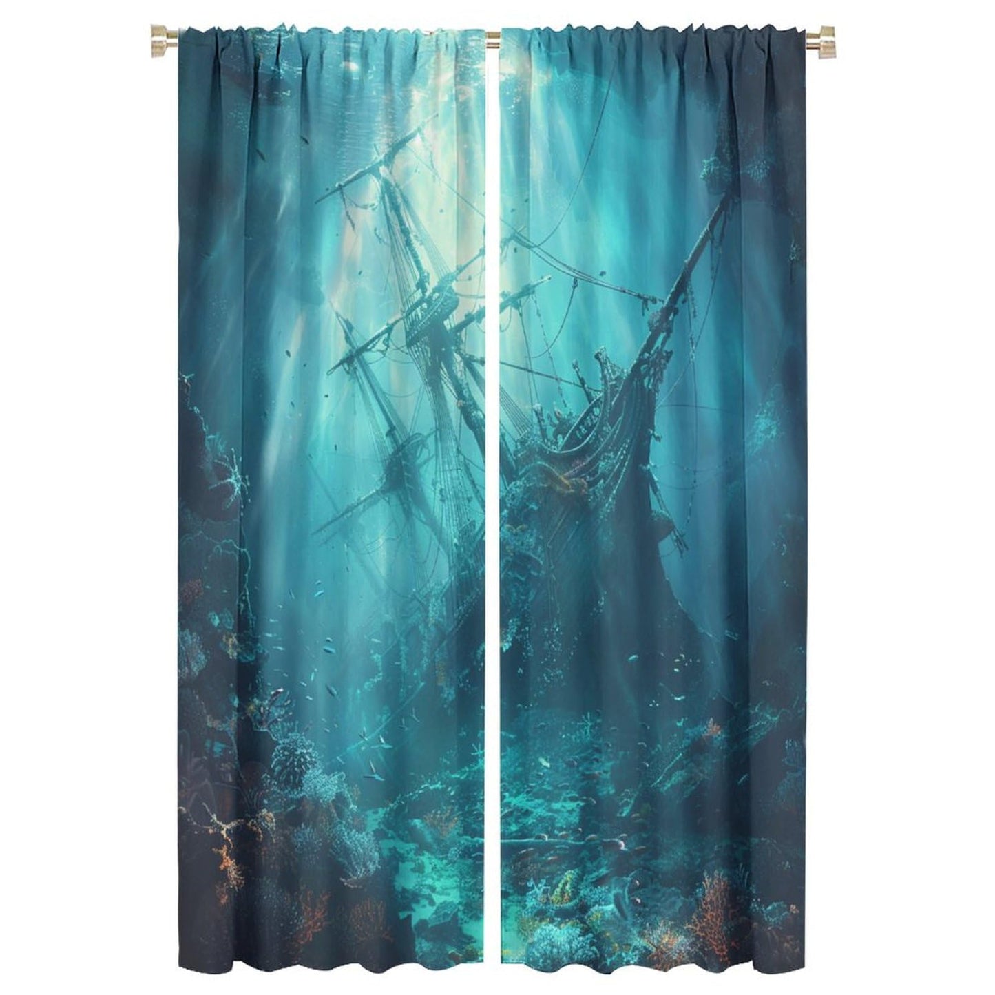 TOWINSFB Ancient Pirate Ship Blackout Curtains, Fish Shoal Mysterious Undersea World Coral Home Decor Rod Pocket Window Drapes for Living Room Bedroom - 42" W x 63" L