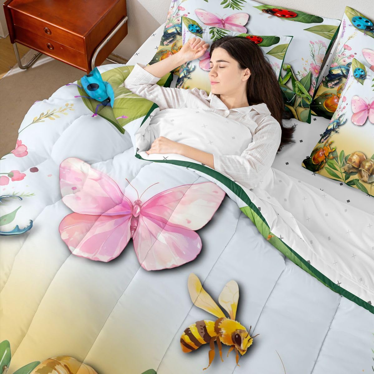 Erosebridal Butterfly 7 Piece Bedding Set Queen Ladybug Comforter Set with Sheets Bee Longhorn Beetle Snail Mantis Print Bed in a Bag Insect Theme Flowers Leaves for Kids Boys Girls