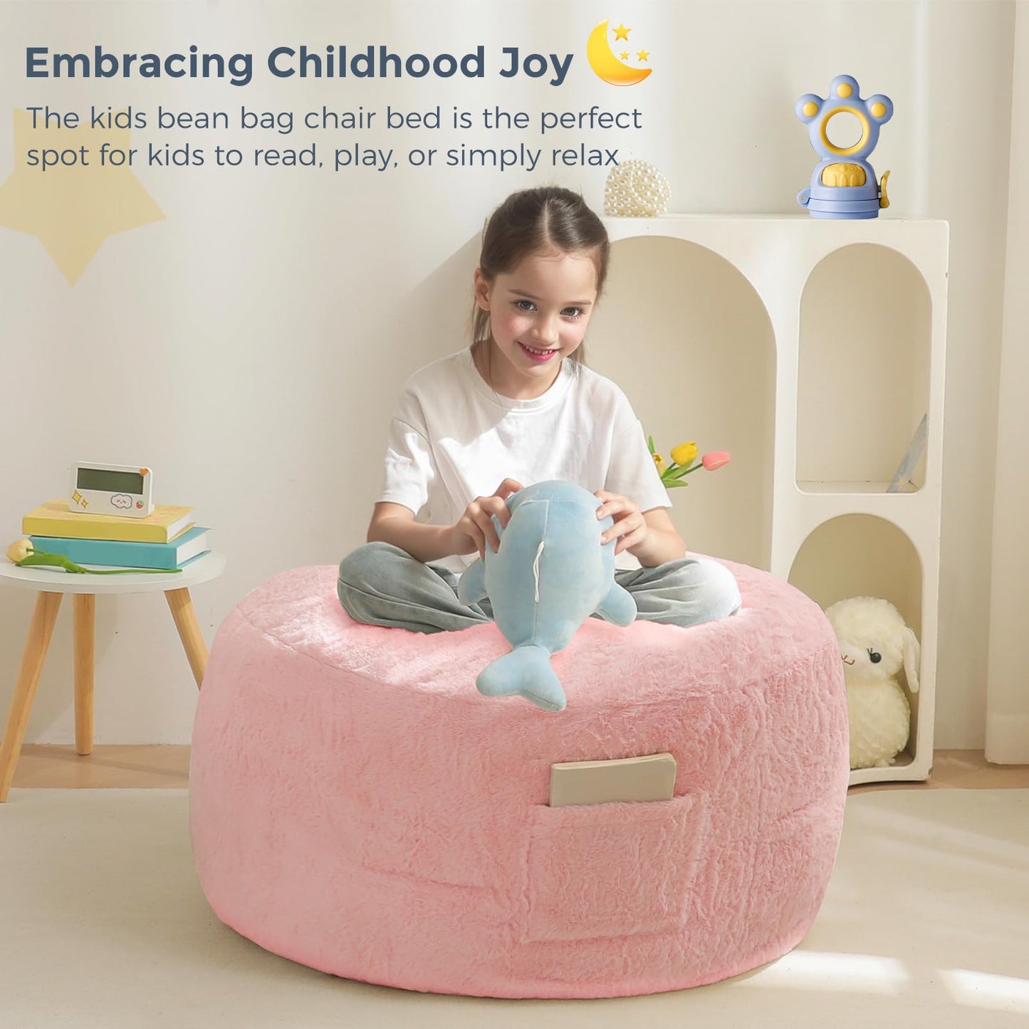 MAXYOYO Bean Bag Chair Bed for Kids, Convertible Bean Bag Folds from Lazy Chair to Floor Bed, Stuffed Floor Sofa Couch Sofa Bed for Boys and Girls, High-Density Foam Filling, Pink